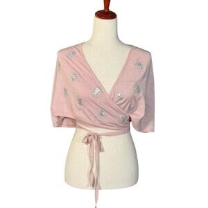 Vintage Noa Noa Pink Knit Wrap Cardigan Embellished Sequins Tie Front Ballet OS